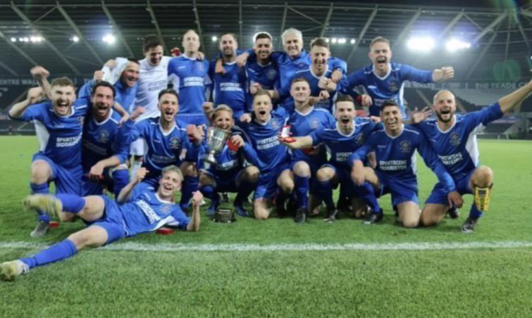 Merlins Bridge celebrate winning a first ever West Wales Cup in 2019